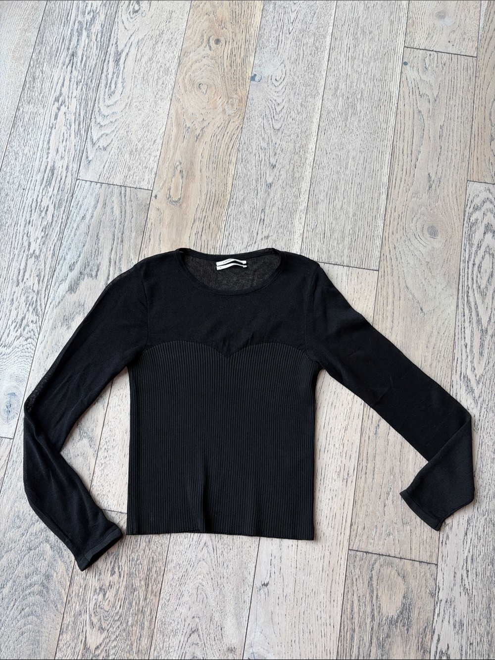 Anthropologie Black Ribbed Long-Sleeve Sweetheart Seam Top
